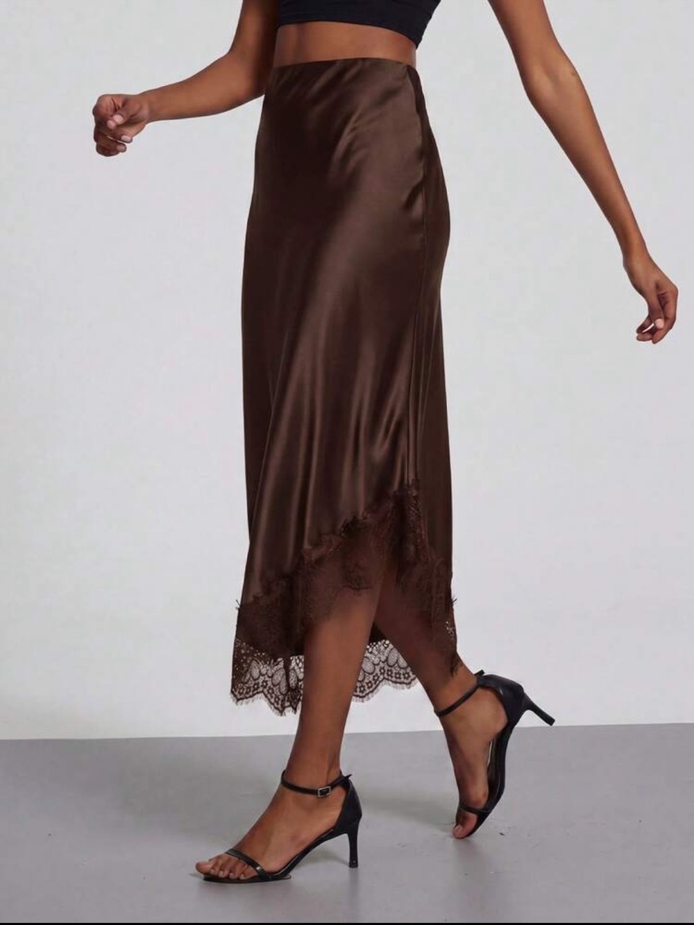 Satin Lace-Trim Asymmetrical High Rise Midi Skirt - Black - Picture 8 of 15